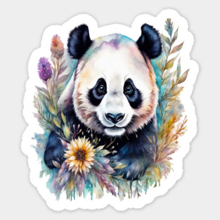 Fantasy, Watercolor, Panda Bear With Flowers and Butterflies Sticker