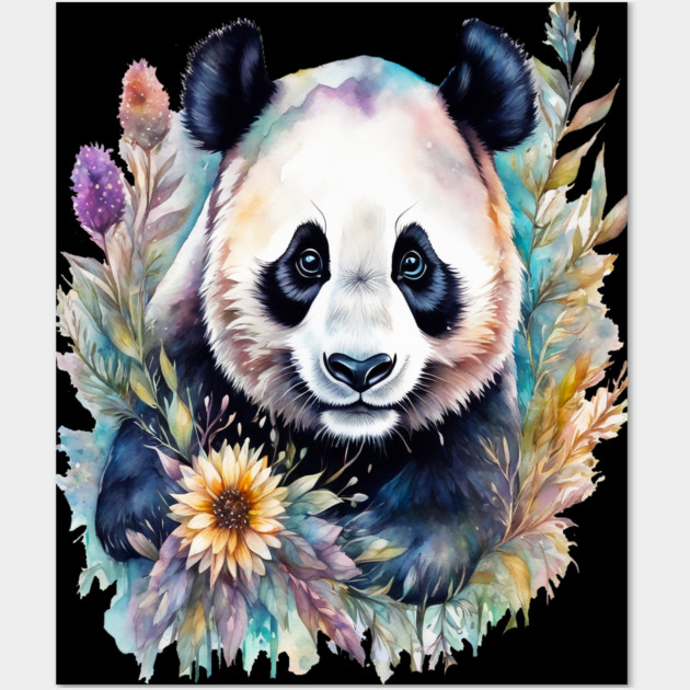 Fantasy, Watercolor, Panda Bear With Flowers and Butterflies Wall Art by BirdsnStuff
