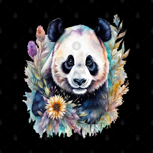 Fantasy, Watercolor, Panda Bear With Flowers and Butterflies by BirdsnStuff
