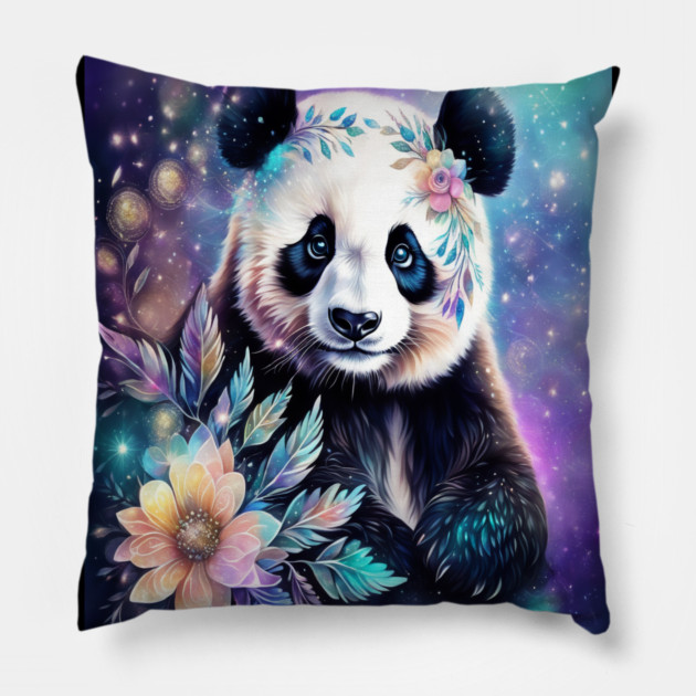 Fantasy, Watercolor, Panda Bear With Flowers and Butterflies Pillow by BirdsnStuff