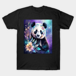 Fantasy, Watercolor, Panda Bear With Flowers and Butterflies T-Shirt