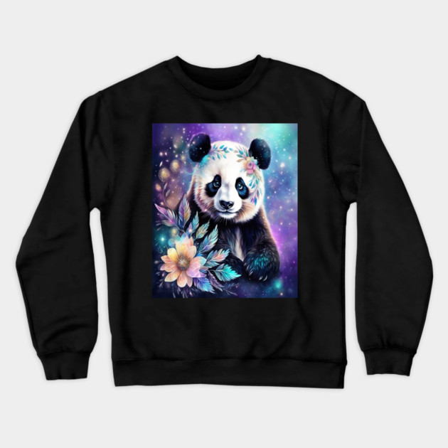 Fantasy, Watercolor, Panda Bear With Flowers and Butterflies Crewneck Sweatshirt by BirdsnStuff