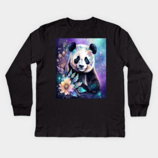 Fantasy, Watercolor, Panda Bear With Flowers and Butterflies Kids Long Sleeve T-Shirt