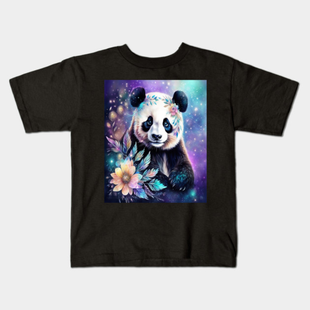 Fantasy, Watercolor, Panda Bear With Flowers and Butterflies Kids T-Shirt by BirdsnStuff