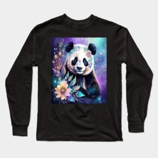 Fantasy, Watercolor, Panda Bear With Flowers and Butterflies Long Sleeve T-Shirt