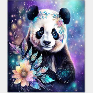 Fantasy, Watercolor, Panda Bear With Flowers and Butterflies Posters and Art