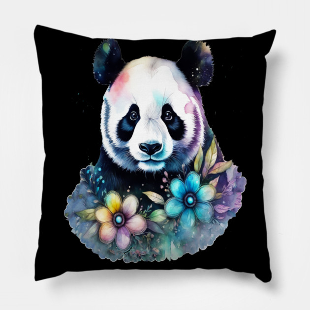 Fantasy, Watercolor, Panda Bear With Flowers and Butterflies Pillow by BirdsnStuff