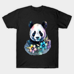 Fantasy, Watercolor, Panda Bear With Flowers and Butterflies T-Shirt
