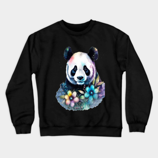 Fantasy, Watercolor, Panda Bear With Flowers and Butterflies Crewneck Sweatshirt by BirdsnStuff