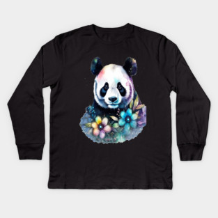 Fantasy, Watercolor, Panda Bear With Flowers and Butterflies Kids Long Sleeve T-Shirt