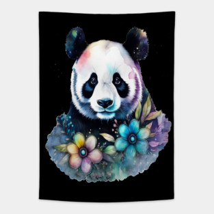 Fantasy, Watercolor, Panda Bear With Flowers and Butterflies Tapestry