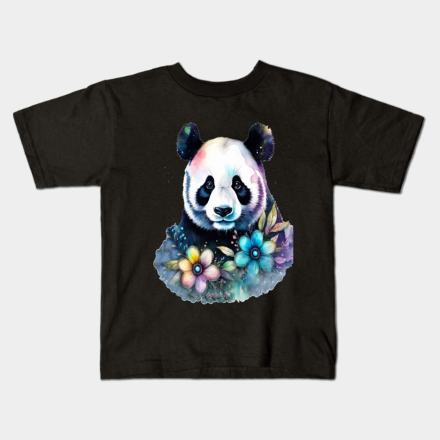 Fantasy, Watercolor, Panda Bear With Flowers and Butterflies Kids T-Shirt by BirdsnStuff