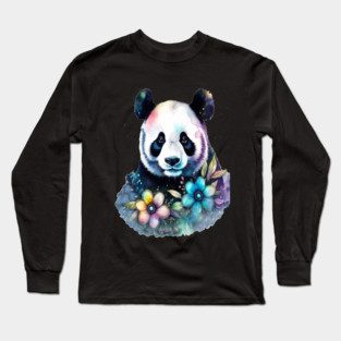Fantasy, Watercolor, Panda Bear With Flowers and Butterflies Long Sleeve T-Shirt