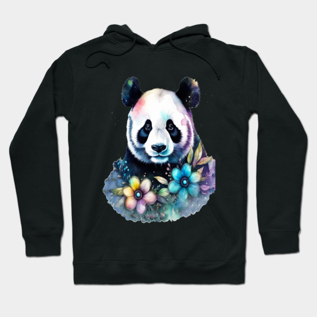 Fantasy, Watercolor, Panda Bear With Flowers and Butterflies Hoodie by BirdsnStuff