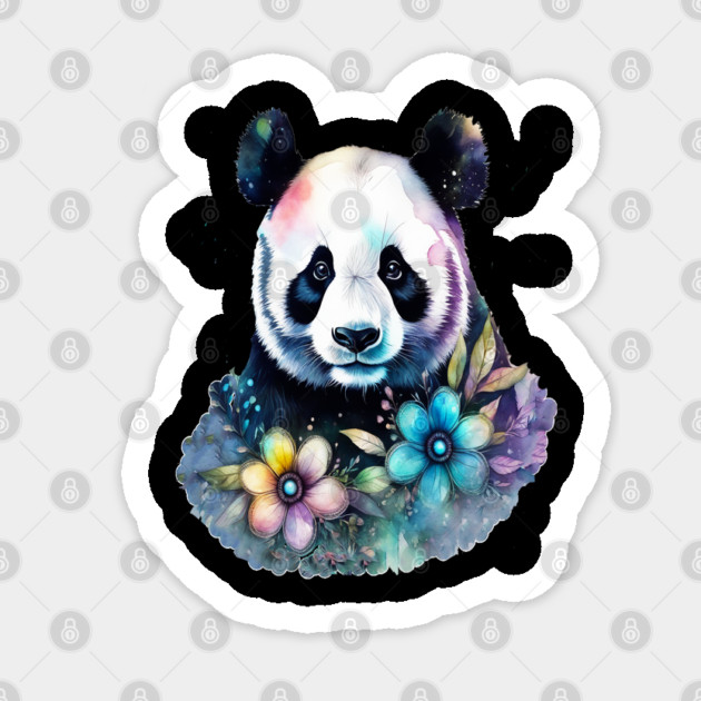 Fantasy, Watercolor, Panda Bear With Flowers and Butterflies Sticker by BirdsnStuff