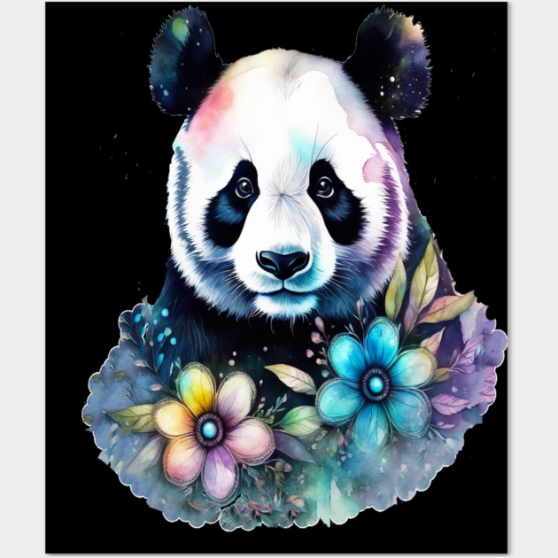 Fantasy, Watercolor, Panda Bear With Flowers and Butterflies Wall Art by BirdsnStuff