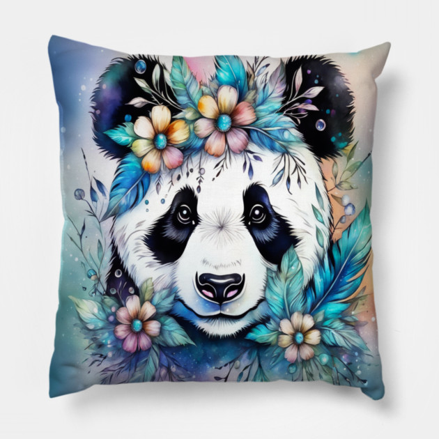 Fantasy, Watercolor, Panda Bear With Flowers and Butterflies Pillow by BirdsnStuff