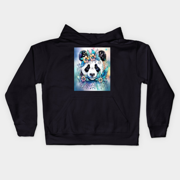 Fantasy, Watercolor, Panda Bear With Flowers and Butterflies Kids Hoodie by BirdsnStuff