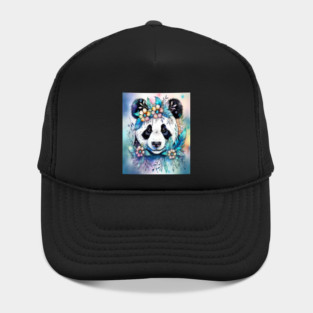Fantasy, Watercolor, Panda Bear With Flowers and Butterflies Hat