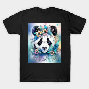 Fantasy, Watercolor, Panda Bear With Flowers and Butterflies T-Shirt
