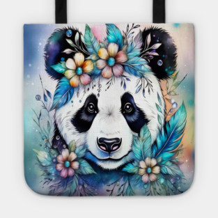 Fantasy, Watercolor, Panda Bear With Flowers and Butterflies Tote