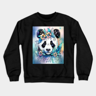 Fantasy, Watercolor, Panda Bear With Flowers and Butterflies Crewneck Sweatshirt