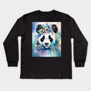 Fantasy, Watercolor, Panda Bear With Flowers and Butterflies Kids Long Sleeve T-Shirt