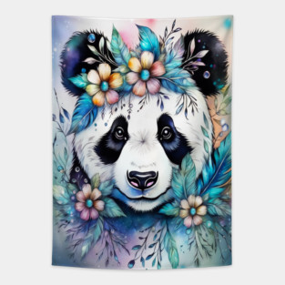 Fantasy, Watercolor, Panda Bear With Flowers and Butterflies Tapestry