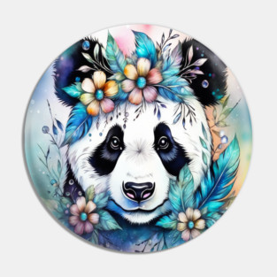 Fantasy, Watercolor, Panda Bear With Flowers and Butterflies Pin