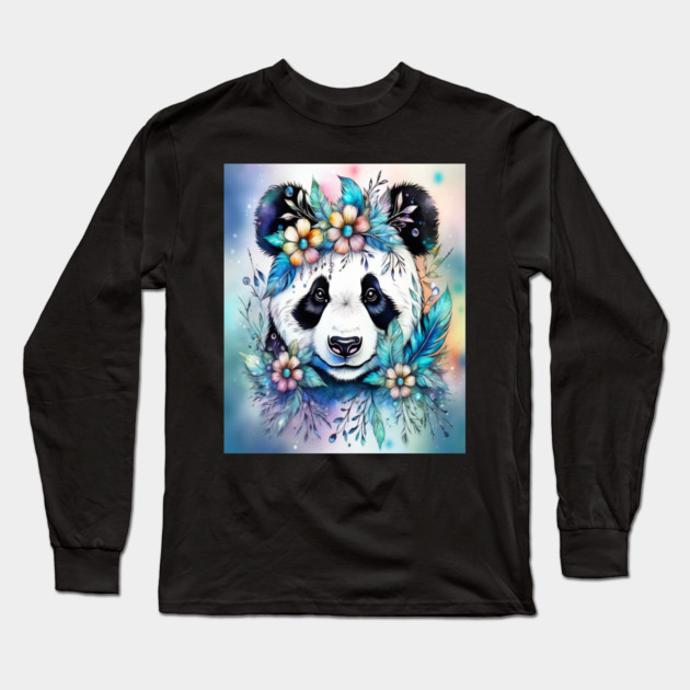 Fantasy, Watercolor, Panda Bear With Flowers and Butterflies Long Sleeve T-Shirt by BirdsnStuff