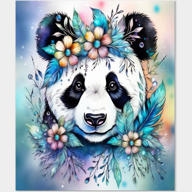 Fantasy, Watercolor, Panda Bear With Flowers and Butterflies Wall Art by BirdsnStuff