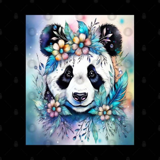 Fantasy, Watercolor, Panda Bear With Flowers and Butterflies by BirdsnStuff