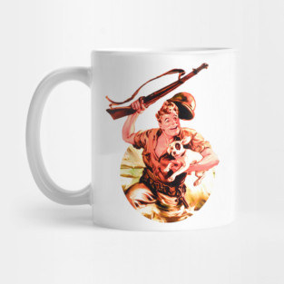 REVISTANGO #259 - Through Mud and Fire He Carried Hope, Smiling Soldier Lifting His Rifle High While Saving a Puppy in the Glow of 1950s War Comic Warmth, Vintage Art Retro Style Comic Pulp Mug
