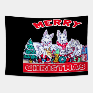 Dog Merry Christmas White German Shepherd Dog Family Holiday Fun Tapestry