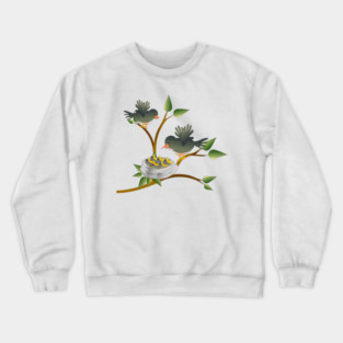 Bird with a worm perched on a tree with nest with young nestlings chirping for food. Crewneck Sweatshirt