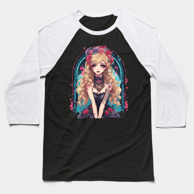 Anime Harajuku Goth Girl Baseball T-Shirt by animegirlnft