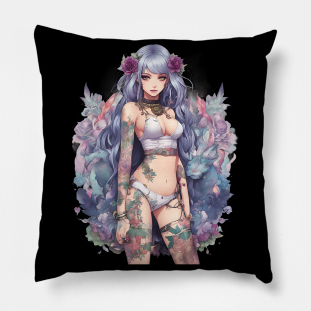 Ink and Tears Emo Goth Anime Girl Pillow by animegirlnft