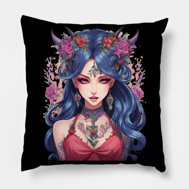 Gothic Whispers Mysterious Emo Goth Anime Girl Pillow by animegirlnft