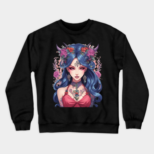 Gothic Whispers Mysterious Emo Goth Anime Girl Crewneck Sweatshirt by animegirlnft