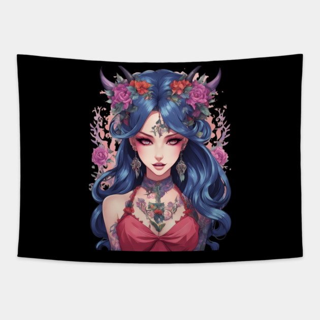 Gothic Whispers Mysterious Emo Goth Anime Girl Tapestry by animegirlnft
