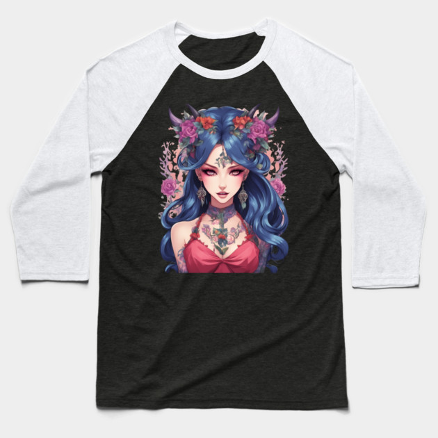 Gothic Whispers Mysterious Emo Goth Anime Girl Baseball T-Shirt by animegirlnft