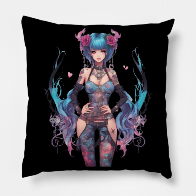 Sorrowful Serenade Emo Goth Anime Girl Pillow by animegirlnft