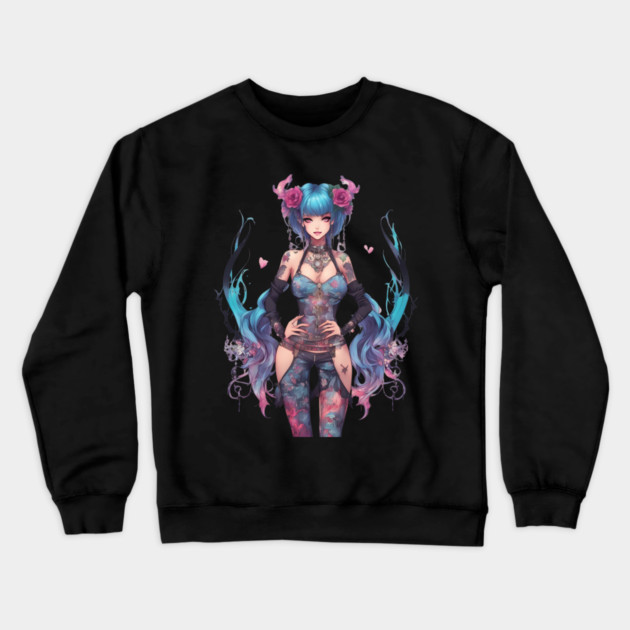 Sorrowful Serenade Emo Goth Anime Girl Crewneck Sweatshirt by animegirlnft