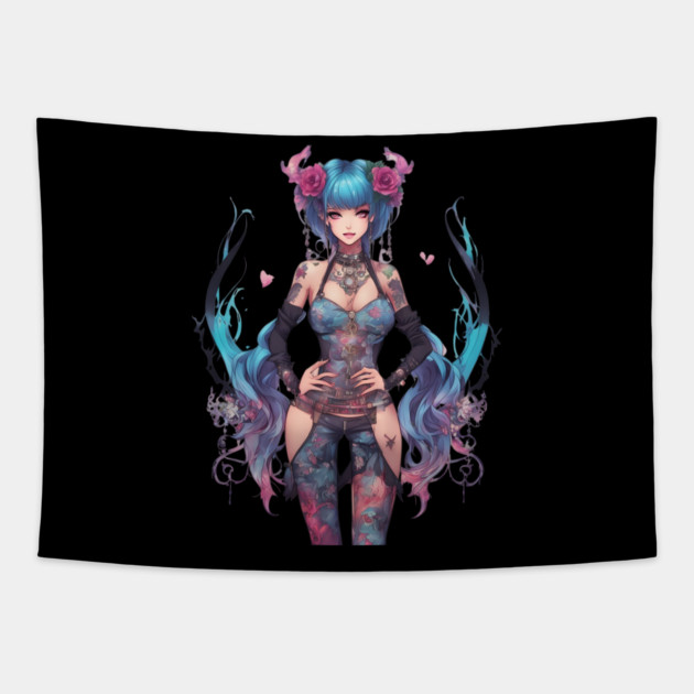 Sorrowful Serenade Emo Goth Anime Girl Tapestry by animegirlnft