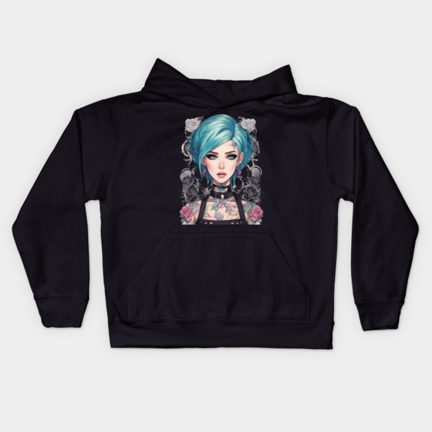 Roses and Shadows Secret Emo Goth Anime Girl Kids Hoodie by animegirlnft