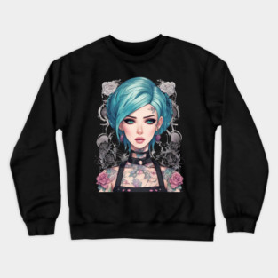 Roses and Shadows Secret Emo Goth Anime Girl Crewneck Sweatshirt
