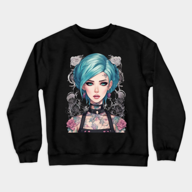 Roses and Shadows Secret Emo Goth Anime Girl Crewneck Sweatshirt by animegirlnft