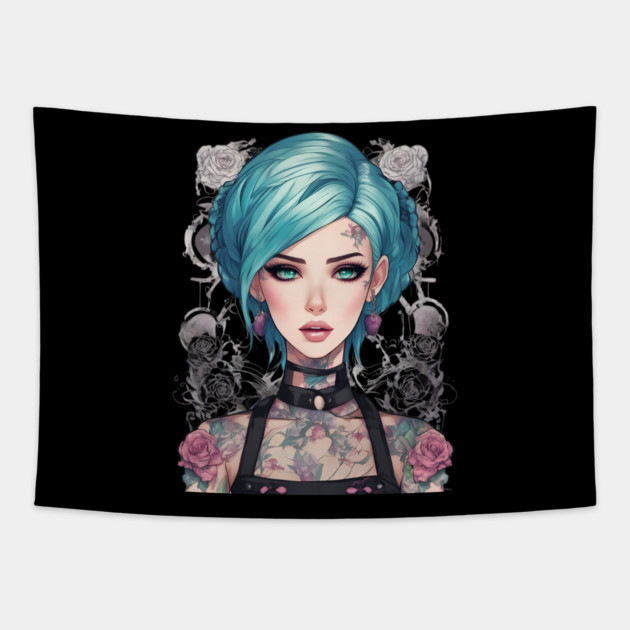 Roses and Shadows Secret Emo Goth Anime Girl Tapestry by animegirlnft
