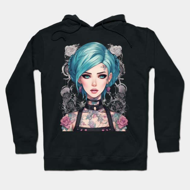Roses and Shadows Secret Emo Goth Anime Girl Hoodie by animegirlnft