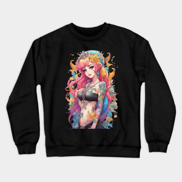 Ink Stains and Tears Emo Goth Anime Girl Crewneck Sweatshirt by animegirlnft
